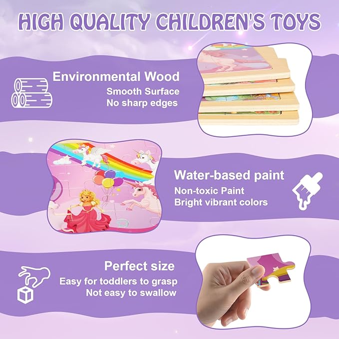 Wooden Puzzles Toys for Kids Ages 3-5, Set of 4 Packs with 20-Piece Unicorn Mermaid Princess Wood Jigsaw Puzzles, Preschool Educational Brain Teaser Toys for Girls 3 4 5 6 Years Old.