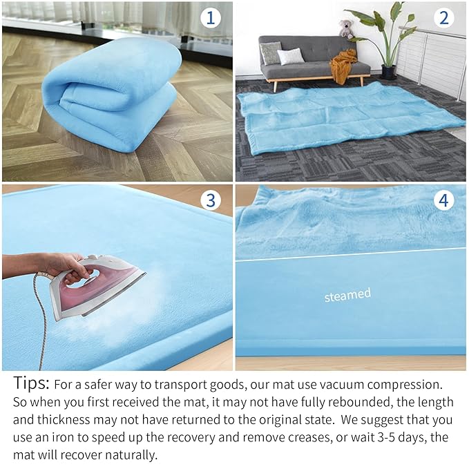Play Mat for Babies Toddlers,1.3" Thick Elasti-Foam Anti-Fall Cushion Mat for Kids Room,28×72 Bedroom Bedside Rugs,Water-Repellent Soft Coral Velvet(Light Blue)