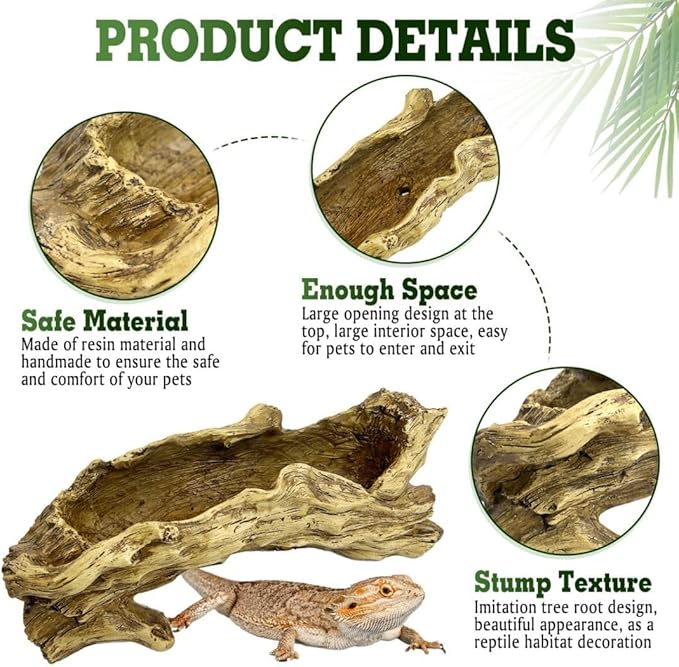 Hamiledyi Gecko Tank Accessories Resin Bark Reptile Hide Cave Simulation Tree Trunk Hideout Leopard Gecko Hide Terrarium Decor for Snake Hermit Crabs Lizard Bearded Dragon (13.78" L x 3.94" H)