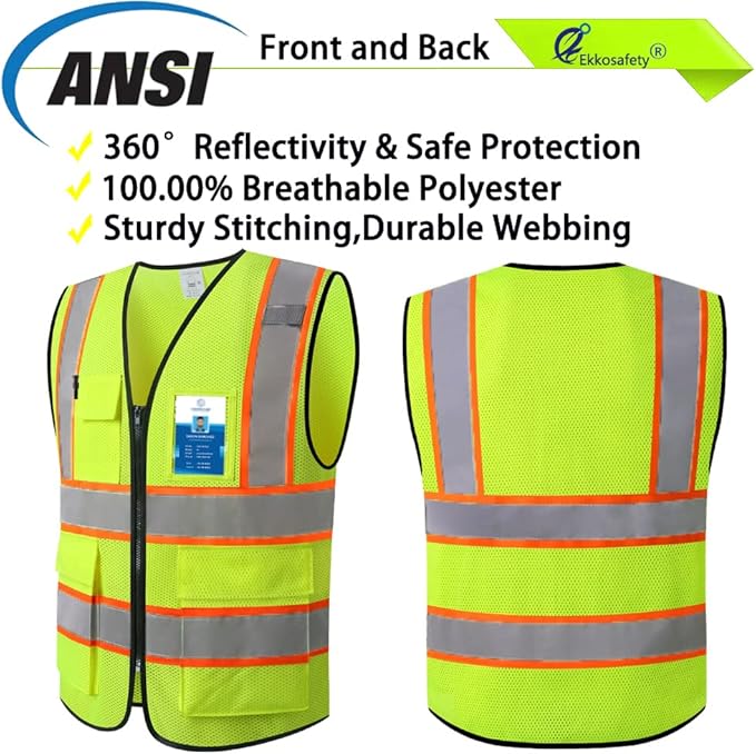 Reflective Mesh Safety Vest for Men Women with 5 Pockets and Zipper Front High Visibility Mesh Vest Hi Vis Construction Work Vest,Meets ANSI/ISEA Standards(EK175-Yellow-4XL)