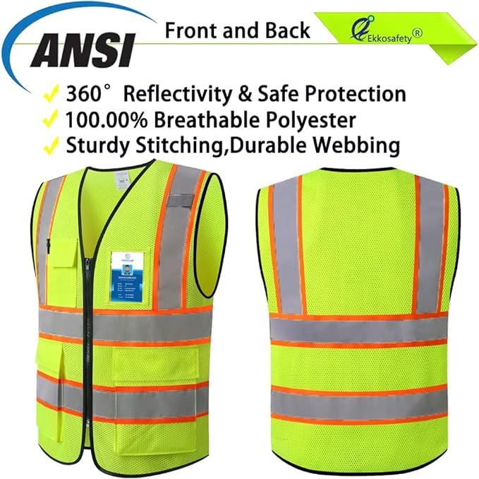 Reflective Mesh Safety Vest for Men Women with 5 Pockets and Zipper Front High Visibility Mesh Vest Hi Vis Construction Work Vest,Meets ANSI/ISEA Standards(EK175-Yellow-L)