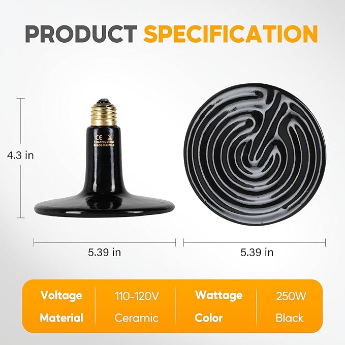 HealSmart 250W Reptile Heat Lamp Ceramic Heat Emitter, No Light Emitting Heat Bulbs, Suitable for Snake/Lizard/Spider, Plant Growth and Incubating Chicken, 2-Pack