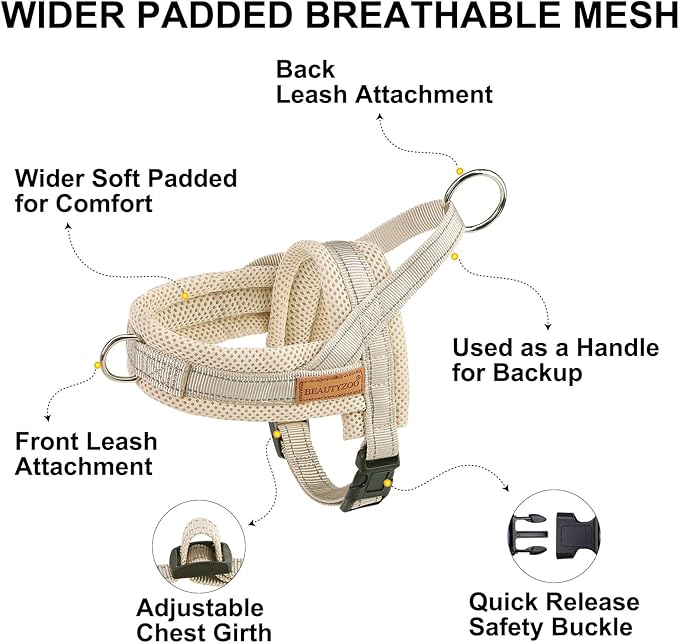 BEAUTYZOO Dog Harness for Small Dogs, No Pull Dog Harness and Leash Set, Soft Escape Proof Puppy Vest Harness with Handle, Reflective Lightweight Step in Harness for Girl Boy Dogs, Beige L