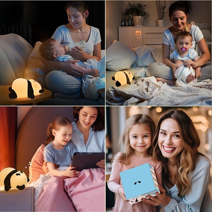 Rechargeable Cute Panda Night Light, 3 Level Dimmable Nursery Nightlight with Timer, Silicone Light Cute Animal Night Lamp for Breastfeeding Toddler Baby Kids Decor, Squishy Lamps Girls Panda Gifts