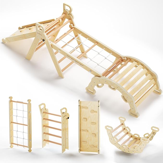 BlueWood 2025 8-in-1 Pikler Triangle Climbing Set Toddler Toys Indoor Baby Jungle Gym Climber Playground for Kids - Natural Wood