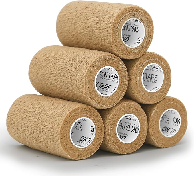 OK TAPE Self Adherent Cohesive Bandages Wrap - 6Packs, 4" x 5 Yards, Non-Woven Self Adhesive Bandage Wrap for Thumb, Finger, Wrist, Ankle, Vet Wrap Bandages Tape (Beige)