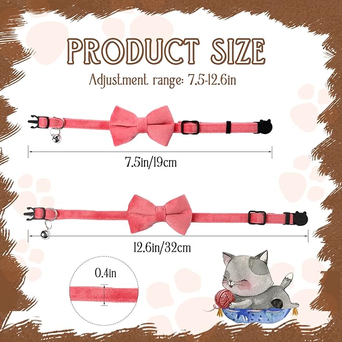 Sliverdew 2 Pcs Velvet Cat Bow Tie Collar Breakaway Cat Collar with Bell Adjustable Bowtie Kitten Small Puppy Safety Collar Solid Color Set Pet Bow Tie Collar (Pink, Blue)