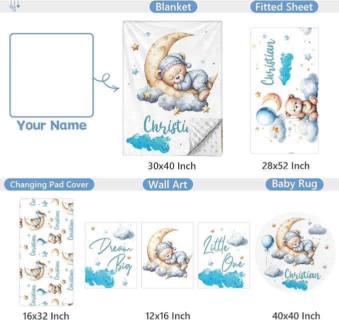 Personalized Crib Set, 5 Pcs Custom Baby Crib Set with Name, Blue Moon Bear Baby Bedding Set for Boys Girls, Double Layer Nursery Bedding Set, Toddlers Infants New Parents Gift