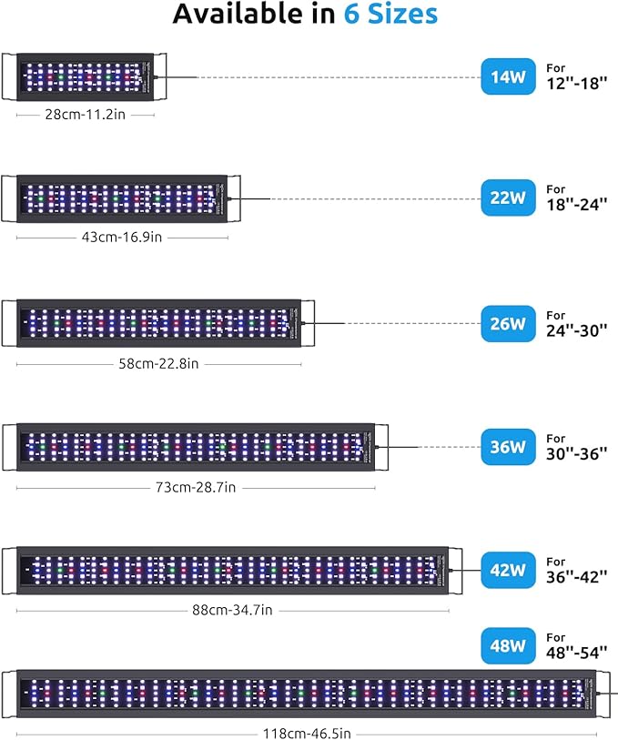 SEAOURA LED Aquarium Light, 12-18in Full Spectrum Lights for Fish Tank with Thermometer, 24/7 Programmable with Power Off Memory, WRGB Custom, 20 Level Brightness for Freshwater Aquariums
