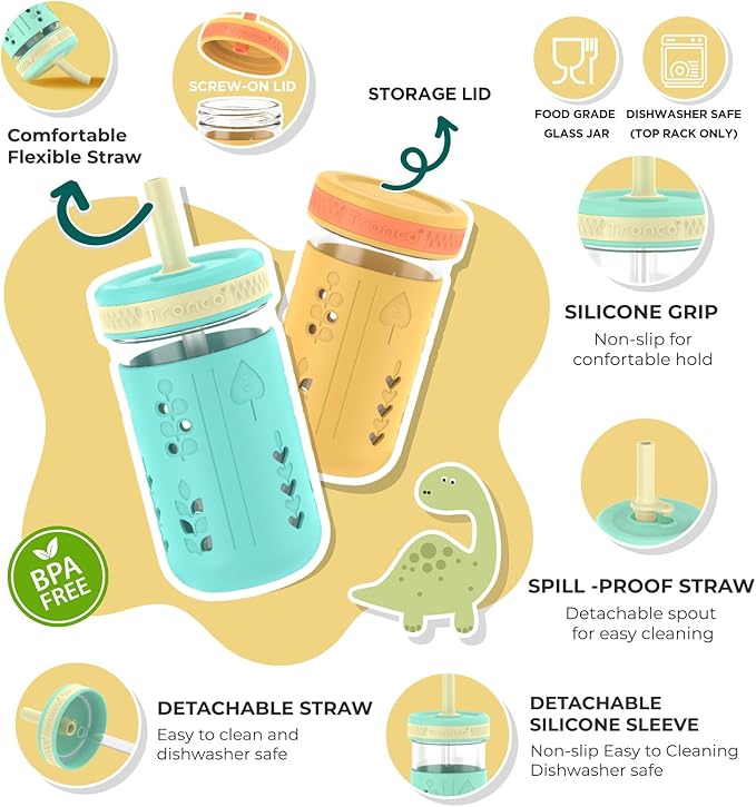 Tronco 12 oz Glass Sippy Cup for Kids & Toddlers | Mason Jar Smoothie Cups with Spill-Proof Silicone Straws, Non-Slip Silicone Sleeves & Lids, BPA-Free Snack Cups, Dishwasher Safe