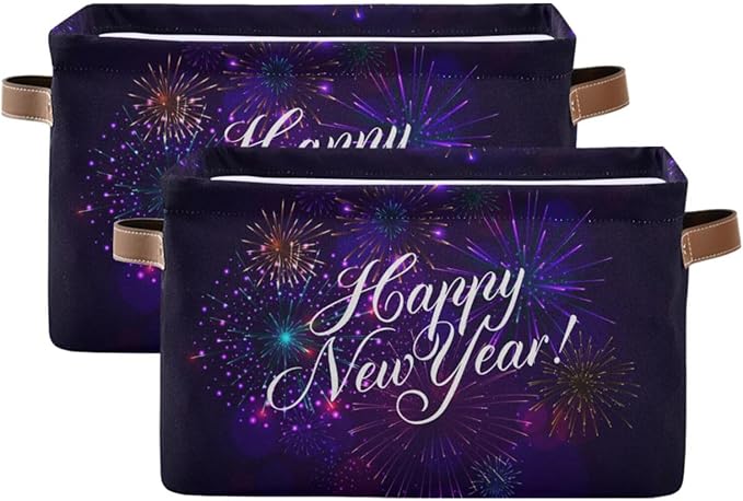 Storage Basket Happy New Year Cube Storage Bins Organizer Bag Collapsible Closet Shelf Baskets with handle for Baby Cloth Pet Toy Book 14.2×10.2×8.3 IN