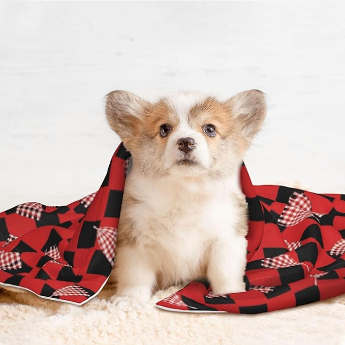 Double Sided Pet Mat for Dog Bed Topper Cat Blanket Furniture Protector, Red Black Buffalo Check Plaid Pattern, Reversible Plush with Tactile Dot Pattern for Style Change