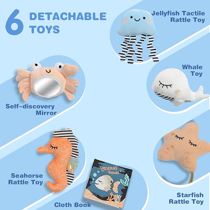 Baby Play Mat, Oversize Shell Tummy Time Mat with 6 Detachable Baby Activity Toys, Baby Gyms & Playmats for Babies 0-6 Months, Baby Mat for Floor Newborn Baby Shower Gifts (Beige)