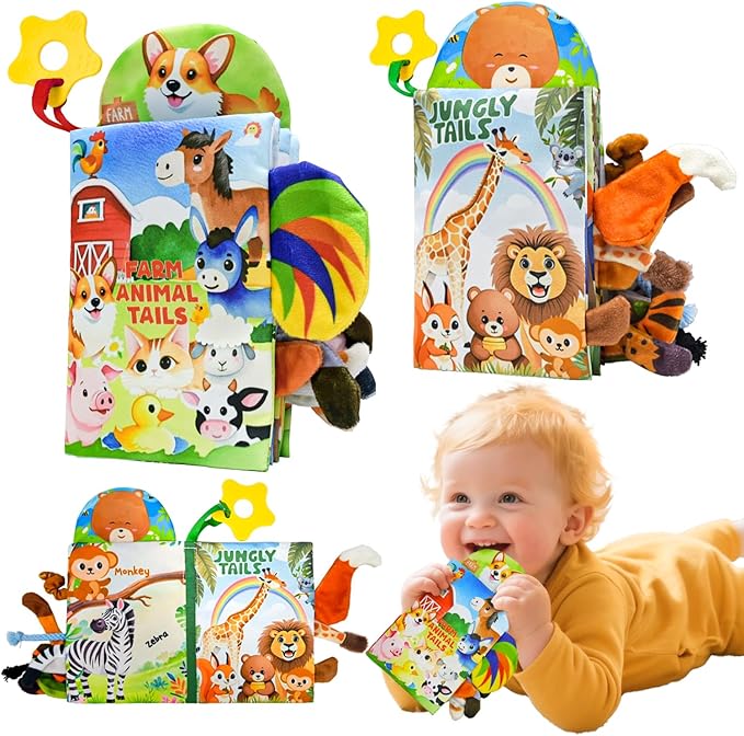 Kimicare 2 PCS Baby Books 0-6 Months, Crinkle Books for Babies, Jungle Tails Soft Cloth Book for Babies 6-12 Months, Infant Farms Sensory Book, Tummy Time Toys