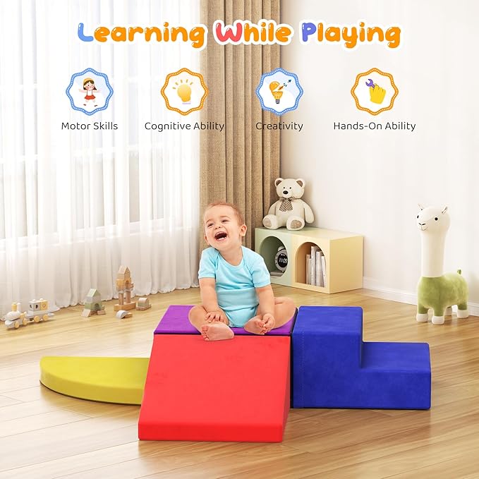 Lischwert Foam Climbing Blocks for Toddlers 1-3, 4pcs Soft Play Set with Crawling Exploration Toys, Indoor Outdoor Infant Safe Blocks for Baby Gym & Toddler Playground - Colorful