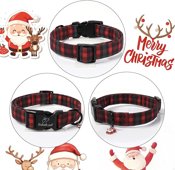 Christmas Dog Collar for Medium Dogs - Vintage Red Green Tartan Christmas Collars for Dogs, Soft Adjustable Winter Holiday Dog Collars with Quick Release Buckle M