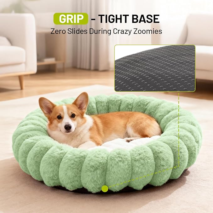 Cloudsoft Flower Cat Bed and Dog Bed, Washable Plush Pet Bed with Non-Slip Water-Resistant Bottom, Faux Furfor Cats & Small Dogs Up to 33 lbs, 29.9"x29.9" (Green)