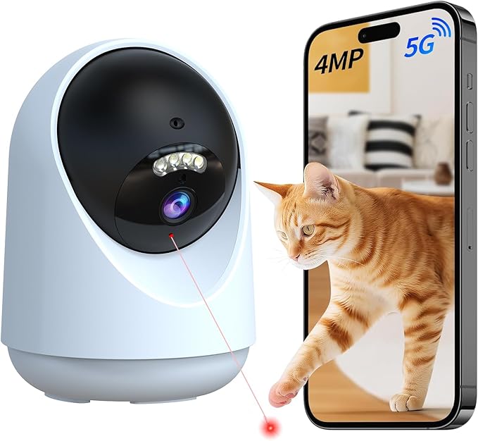 Pet Camera Indoor with Laser Toy 4MP 2.4/5GHz WiFi, 2.5k HD Cat Camera with Phone App, Night Vision & Motion Detection Alerts - APP Remote Control Interactive Device for Dog Cat Monitoring Security