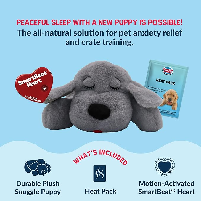 Snuggle Puppy Heartbeat Puppy Toy for Dogs with Real-Feel Pulse and Heat Pack, Calming Comfort Toy for Dog Anxiety, Crate Training and First Nights - Gray