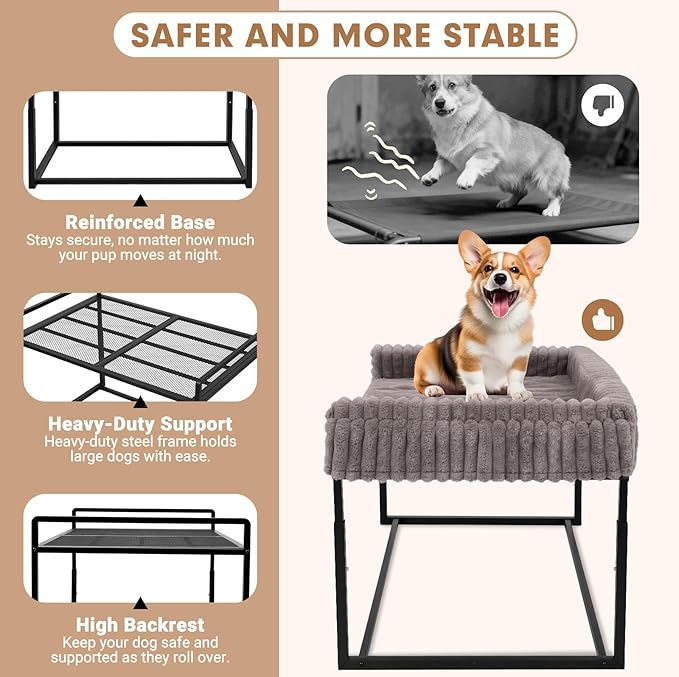 Adjustable Bedside Dog Bed for Large Dogs, Elevated Dog Co-Sleeper with Metal Frame, Memory Foam Mattress & Washable Corduroy Cover, Pet Bedside Sleeper for Dogs & Cats