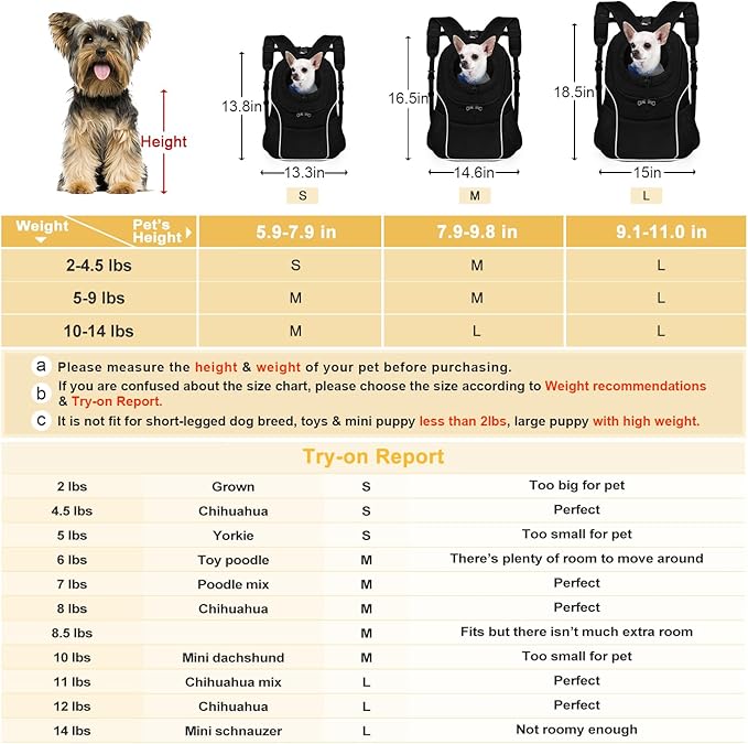 WOYYHO Pet Dog Carrier Backpack Small Dog Front Backpack Ventilated Dog Carrier Back Pack with Storage Pockets, Adjustable Straps & Safety Belt for Travel Hiking Outdoor (Size M: 5-9 lbs, All Black)