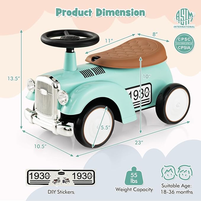 HONEY JOY Ride On Push Car, Outdoor Toddler Riding Toys w/Steering Wheel, Horn & Storage, Foot-to-Floor Sliding Car, No Batteries, Retro Baby Ride On Toys for Boys and Girls (Green)