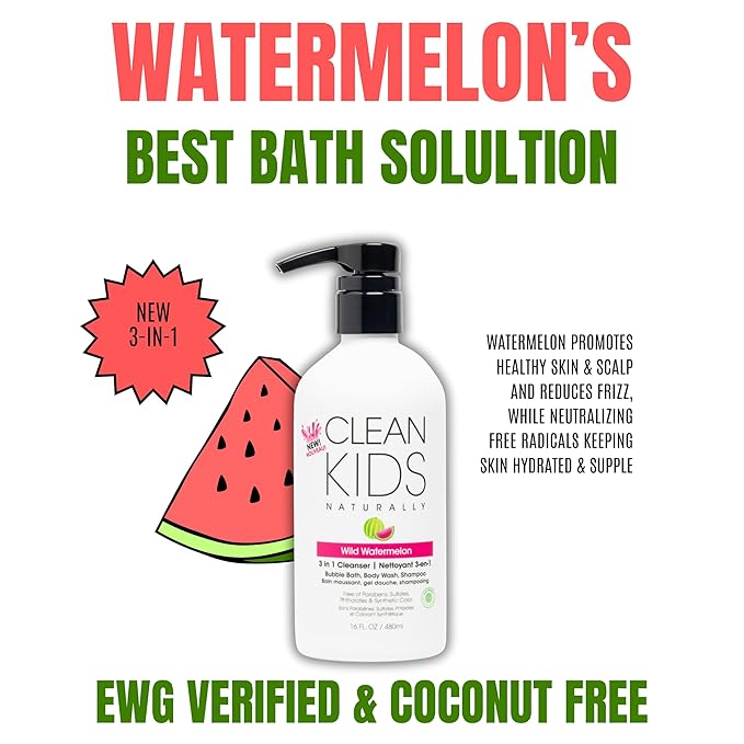 Gabriel Cosmetics Clean Kids Naturally Wild Watermelon 3-in-1 Shampoo, Cleanser & Bubble Bath (16 Fl Oz (1 Bottle), Watermelon 3-in-1)