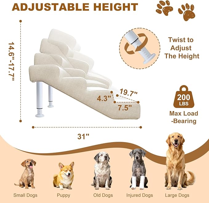 Adjustable Dog Stairs & Ramp for Cats and Dogs, 4-Step Pet Stairs for High Beds and Couch, 14.5"–17.7" Height, Linen Faux Leather, Waterproof, Scratch-Resistant, Non-Slip Indoor Pet Ramp