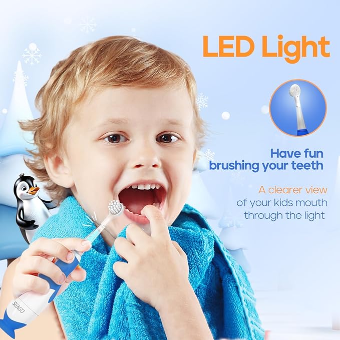 SEAGO Toddler Electric Toothbrushes for Baby Ages 0-3 Years, Baby Toothbrush with Smart Timer and Suction Base, 4 Replacement Brush Heads SG-513 (Navy-C)