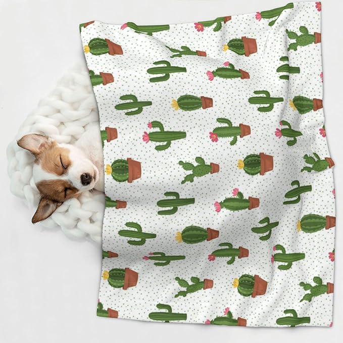 Two Sided Pet Cuddler Blanket for Anxiety Calming, Cactus Floral Bloom Flower Summer Tropical Watercolor, Reversible Plush Design with Bubble Dot Pattern Provides Familiar Surface Anywhere
