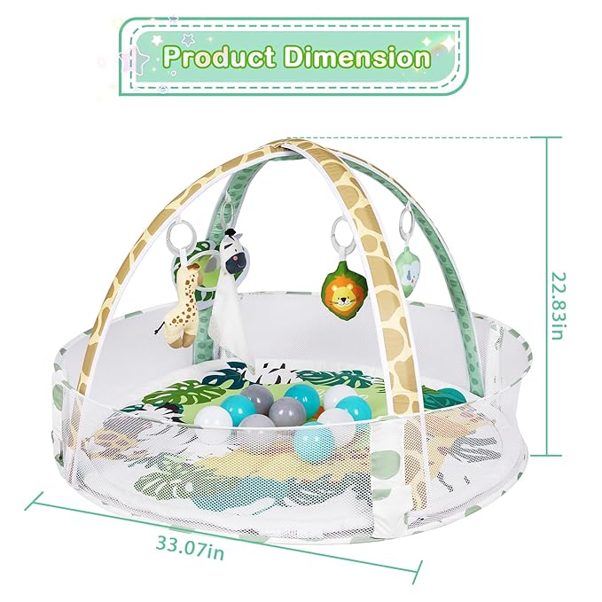 Baby Play Mat, 4-in-1 Baby Play Gym Tummy Time Mat with Ball Pit and 5 Detachable Toys for Newborn to Develop Sensory Exploration and Motor Skill 0-6-12 Months