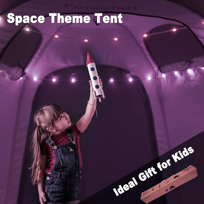 Portable Hexagon Kids Play Tent with LED Strip Lights Indoor Children Play House Easy Set-up Space Dream Tent for Night 4-5 Person & Birthday Gifts