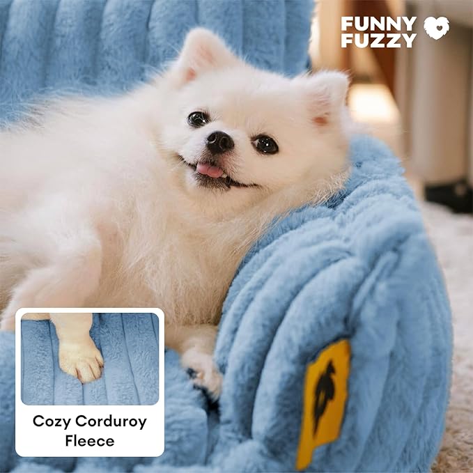 FUNNY FUZZY Dog Bed Orthopedic & Fluffy Dog Couch Bed, Corduroy Fleece Pet Beds Washable, Supportive Foam Pet Sofa Bed with Removable Zipper Cover - Snoozy Dream, Blue, XXL