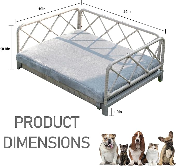 Boho Rattan Dog Bed, Pet Sofa Couch Bed with Removable Cushions - Indoor/Outdoor Durable Pet Furniture for Small/Medium Dogs (Gray)