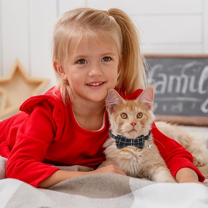 Jeffdad 2Pcs Cat Collar Breakaway, Cat Collar with Bells Bowtie Plaid Cat Collar Adjustable for Kitten Puppy and Small Pets (Black and Gray Plaid)