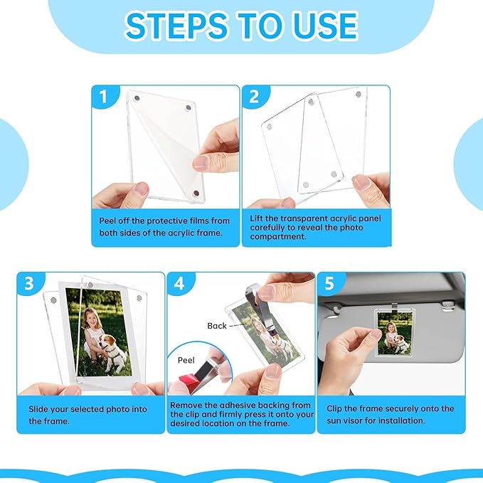 2 Pack Magnetic Car Visor Photo Holder – Personalized Acrylic Clip for Family, Pets, Travel Pictures – Easy Snap-On Car Accessory for Sun Visor (2 Pack, 3.5''x4.4'')