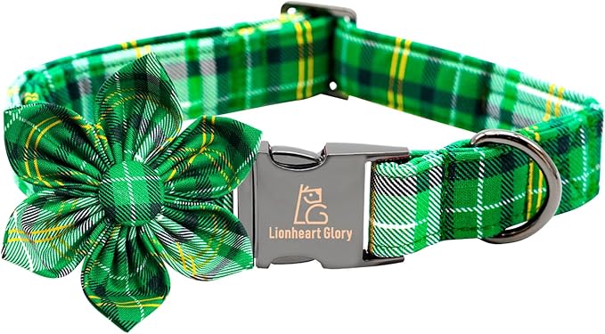 Lionheart glory St. Patrick's Day Dog Collar with Flower Dog Collar for Small Dogs, Green Plaid Cute Collars Spring Dogs Collars Flower Puppy Heavy Duty Cute