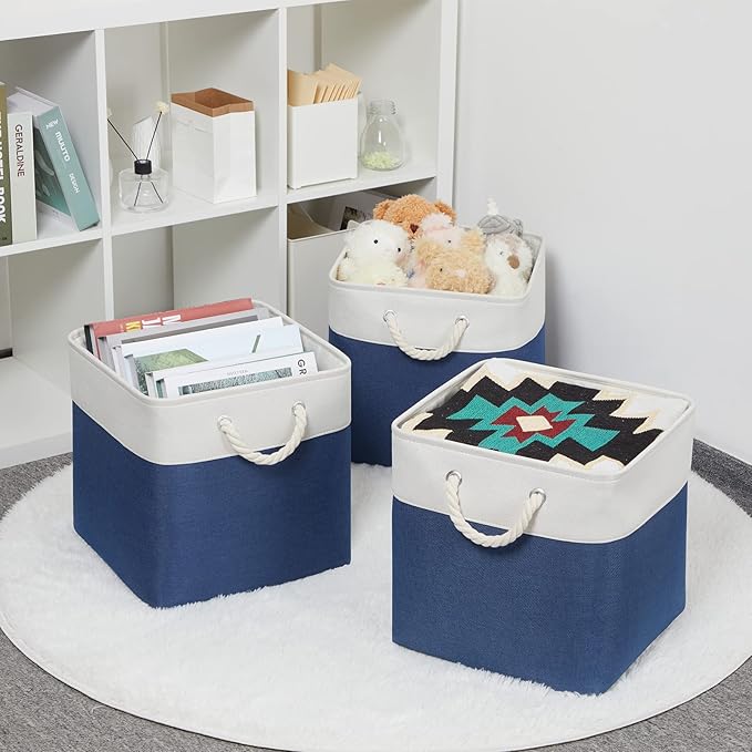 Bidtakay Storage Baskets Large Cube Storage Bins Fabric Baskets for Organizing Shelves 13x13 Navy Blue Square Storage Bins Large Set of 3 Linen Closet Organizers for Cabinet Home