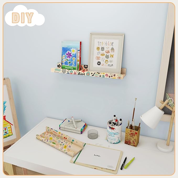 Fun Memories Picture Ledge Shelf for Wall, 24 inch Pine Wood Nursery Book Shelves Set of 2- Wall Book Shelves for Kids Room, Home Decor - Kitchen Spice-Natural.