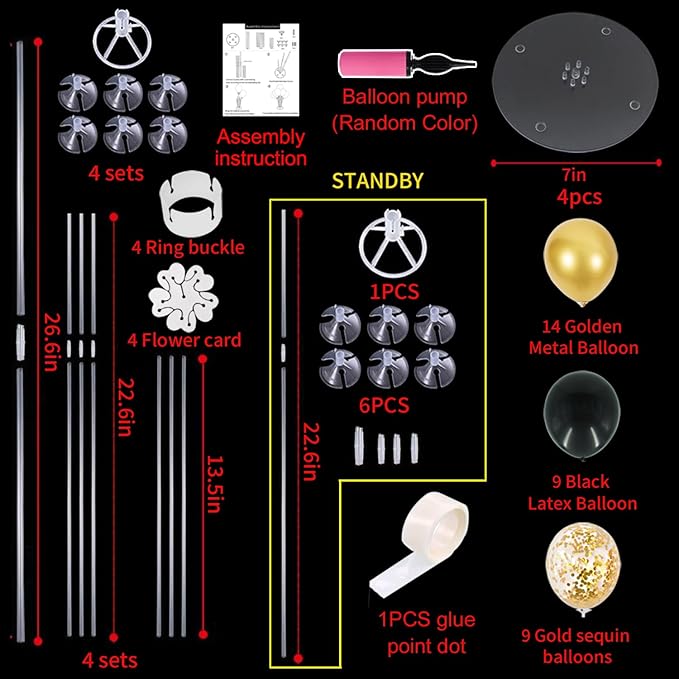 TONIFUL 4 Set Black Gold Balloon Centerpieces for Table,Balloon Stand Kit for Black Gold Party Decor 40th 50th 60th 70th Birthday Decorations Halloween Anniversary Graduation Decorations 2025