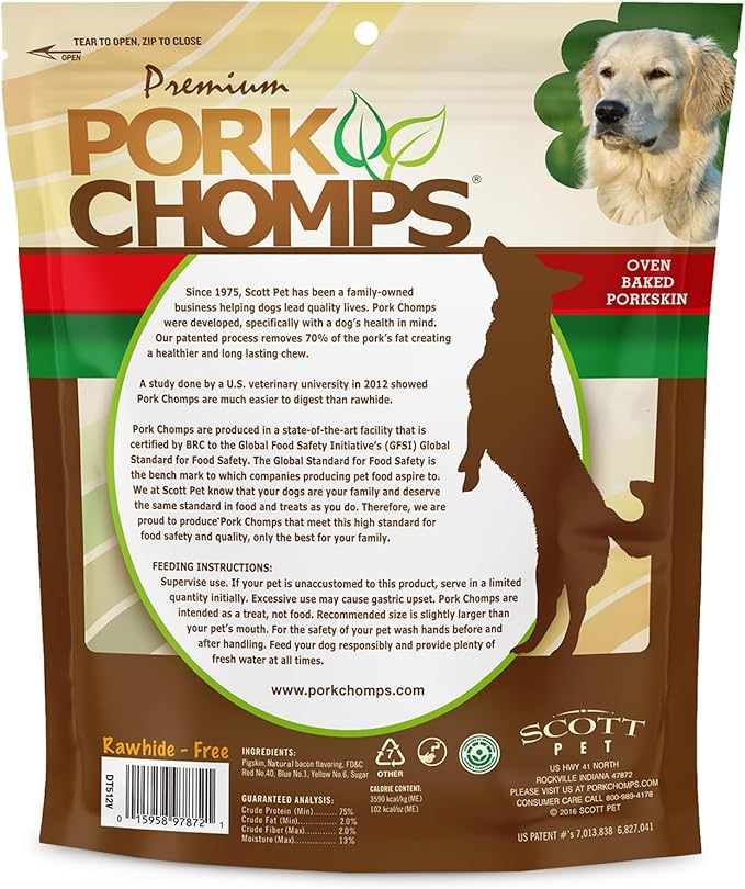 Pork Chomps Baked Pork Skin Dog Chews, 6 Inch Knots, 8 Count, 1 Pack, Bacon Flavor - Long-Lasting Treats for Dogs - High Protein, Rawhide-Free, Low Fat, Healthy & Delicious Chews