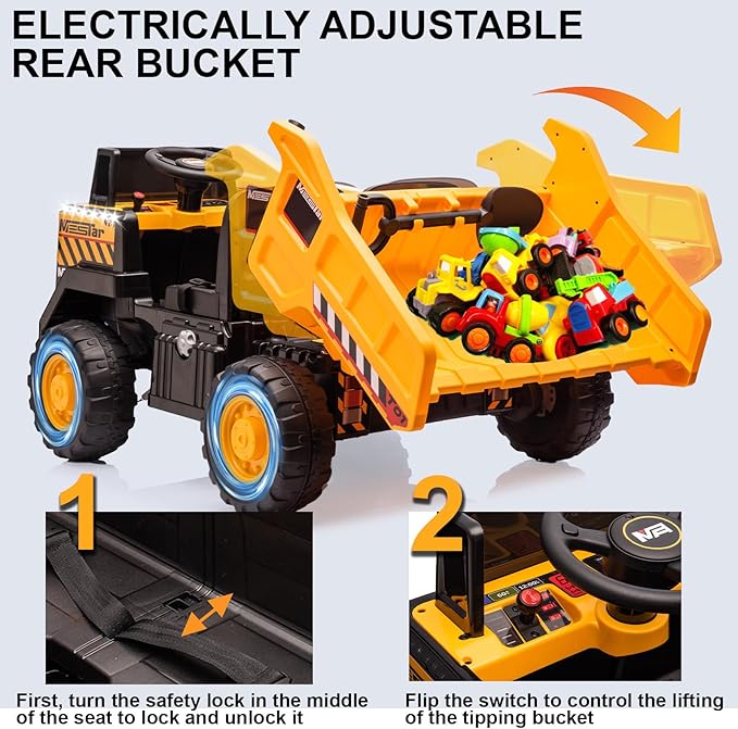 24V Ride On Dump Truck, 24inch-2 Seater Ride On Car for Kids w/Remote Control 4WD/2WD Up to 5 Mph, 24v Ride on Toys for Big Kids w/Electric Dump Bed Extra Shovel Traffic Cones (Yellow)