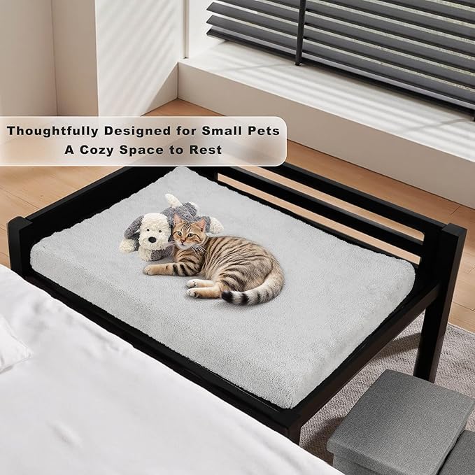 Bedside Dog Bed with Mattress - Raised Wooden Pet Cosleeper with Guardrail, Removable Mattress & 3-Step Foldable Stairs, Freestanding Bassinet-Style Elevated Dog Bed for Medium Sized Dogs