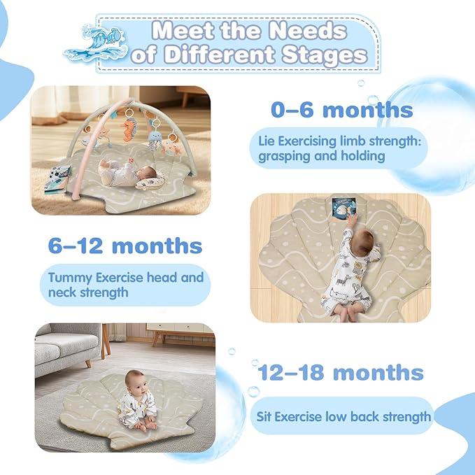 Baby Play Mat, Oversize Shell Tummy Time Mat with 6 Detachable Baby Activity Toys, Baby Gyms & Playmats for Babies 0-6 Months, Baby Mat for Floor Newborn Baby Shower Gifts (Beige)