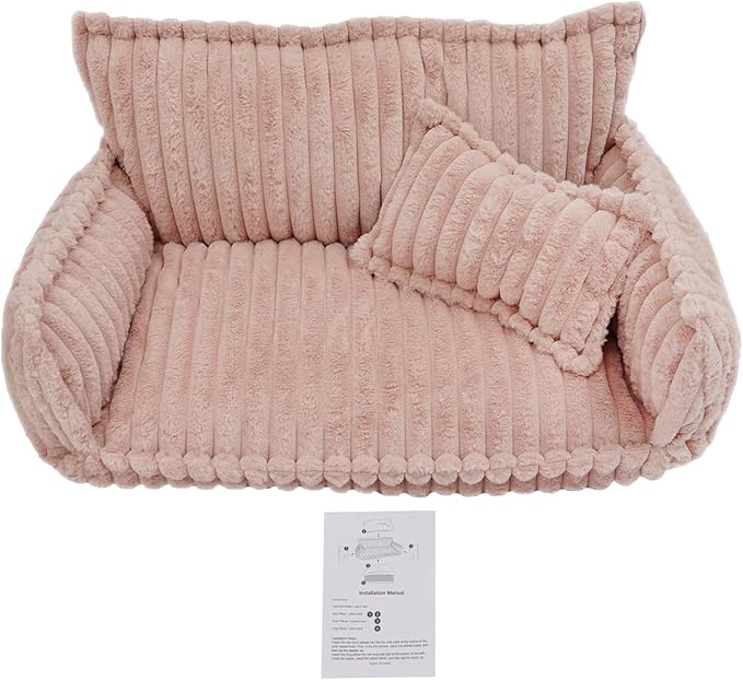 Pet Couch Bed for Dog and Cat, Plush Calming Couch for Pets with Removable Washable Cover, Modern Sofa Style Pet Bed for Home Living Room (Pink)