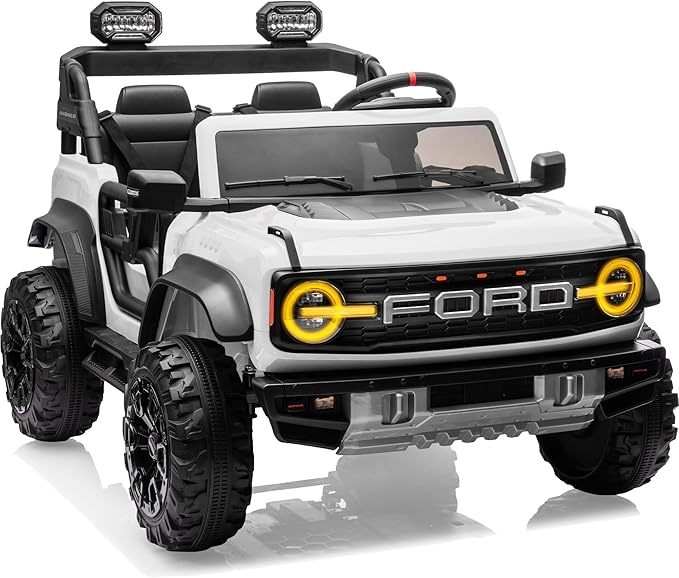 Licensed Ford Bronco Raptor 24V 2 Seater Kids Ride on Toys, Battery Powered Electric Ride on Car, Remote Control Electric Car w/Led Lights, Music, High Low Speed (24V, White)