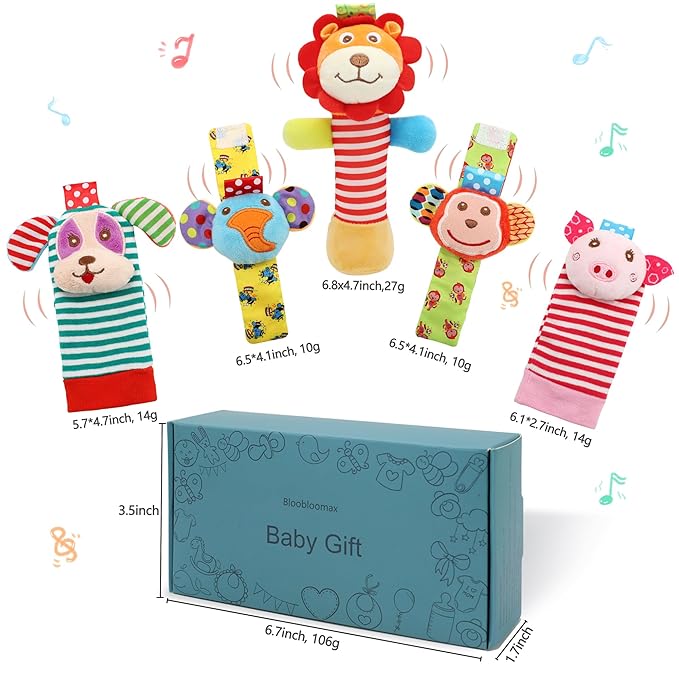 Wrist Rattles Foot Finder Rattle Toy for 0-4 Months Baby, Feet Leg Ankle Socks Arm Hand Bracelet Shaker for 4-8 Months Infant boy & Girl, Gift Set for 0-1 Years Newborn Babies (5 pcs-A)