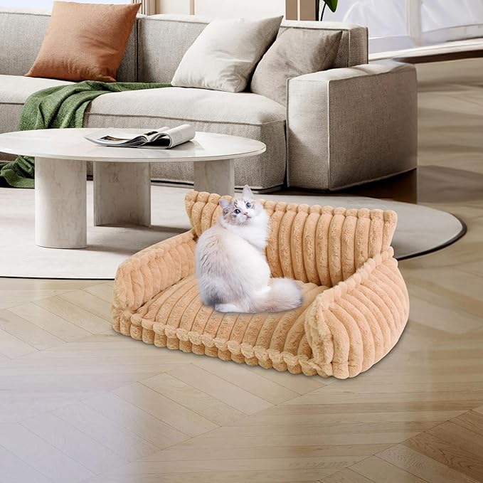 Cozy Pet Couch Bed for Dogs & Cats, Removable Washable Fluffy Couch with Pillow, Non-Slip Soft Cat Dog Bed Large, Modern Pet Furniture Sofa for Small Medium Pets(Caramel)