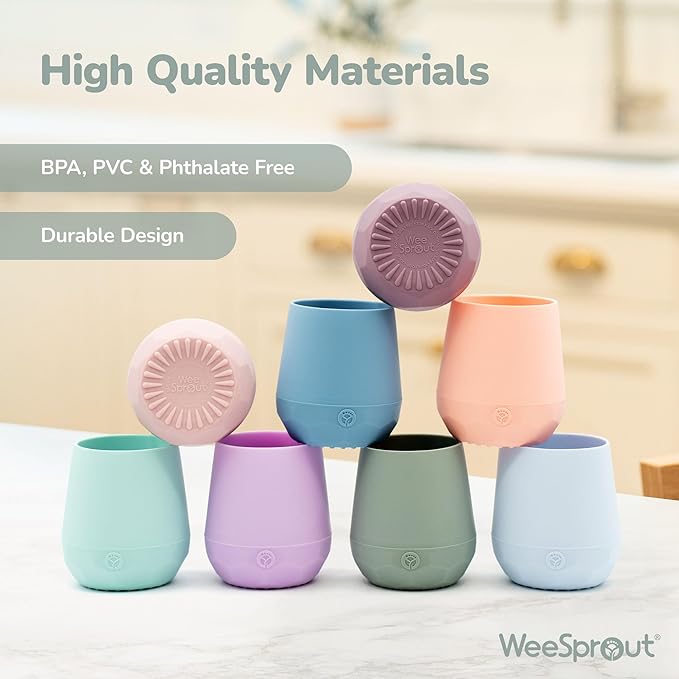 WeeSprout Silicone Baby Training Cups - Set of 2 Soft Silicone Cups - 2 oz Open Cup for Baby 6+ Months - Non-Slip Grip, Weighted Base - Gentle on Gums & Teeth (Pastel Purple & Pastel Mint)
