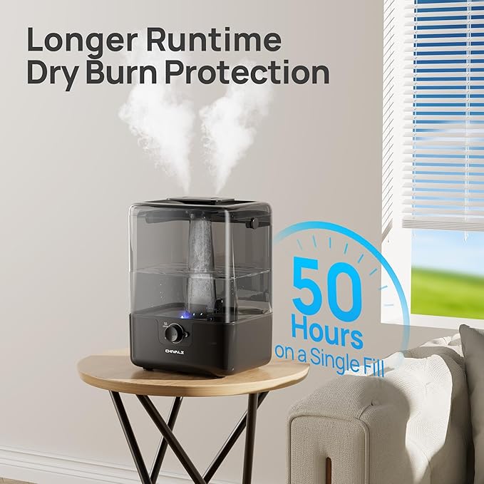 CHIVALZ 6L Humidifiers for Bedroom Large Room Home, Cool Mist Top Fill Humidifiers for Baby Nursery and Plants, 26dB Quiet, Nightlight, Up to 50 Hours, Oil Diffuser 1 Pack + 2 Mist Outlets Black